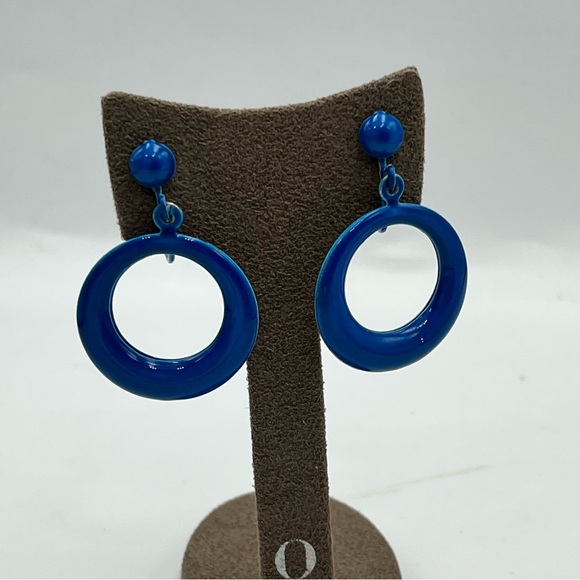 Vintage enamel Modern Blue Geometric Hoop Earrings - Picture 2 of 5